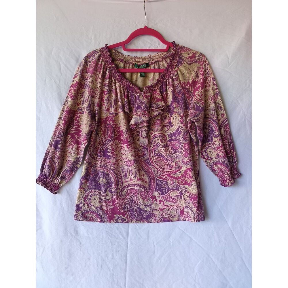 Boho Ralph Lauren L Purple and Pink Paisley Peasant Top